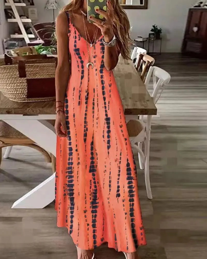 LP | Abiti Maxi Spaghetti Strap Stampati Casual per Donne Scollo a V Backless A-Line Abito Lungo Moda Stile Bohemien Spiaggia Vestidos
