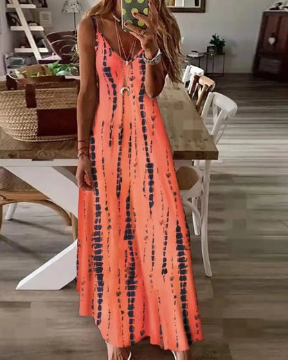 LP | Abiti Maxi Spaghetti Strap Stampati Casual per Donne Scollo a V Backless A-Line Abito Lungo Moda Stile Bohemien Spiaggia Vestidos