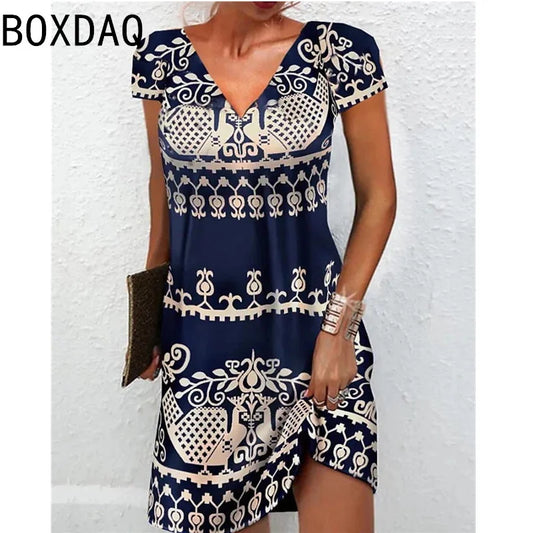 LP | 3D Vintage Elegante Stile Etnico Stampato Vestito Oversize Manica Corta Scollo a V Casual A-Line Lunghezza Ginocchio Vestito Vestidos