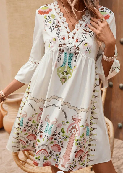 LP | 2025 Ladies Dress Summer Holiday V-Neck Long Sleeve Floral Print Beach Party Dresses Sexy Mini Clothes For Women Vestidos