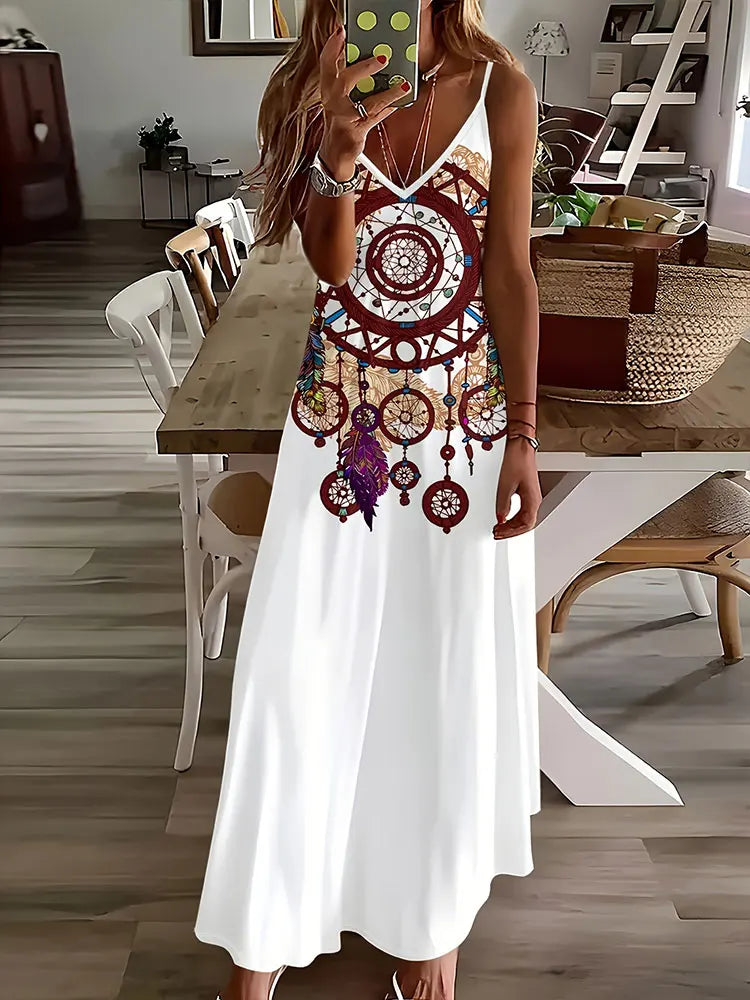 LP | 2024 Nuovo Vintage Stampa Etnica Signore Vestito Elegante Estate Signore Vestito Casual Senza Maniche Strada Moda Signore Vestito Lungo