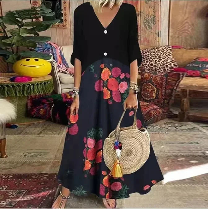 LP | 2025 Primavera Oversize Donna Vestito lungo Stampa Scollo a V Manica corta Pulsante Allentato Abiti A-Line Abbigliamento Donna Casual Elegante