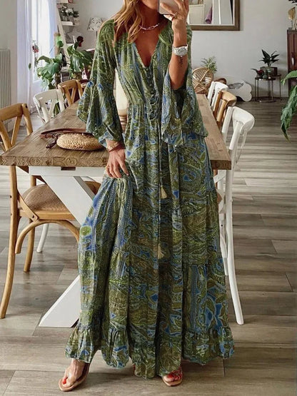 LP | 2023Bordo incrociato stile bohémien maniche svasate stampate scollo a V vita alta abito per le vacanze con abito floreale da donna