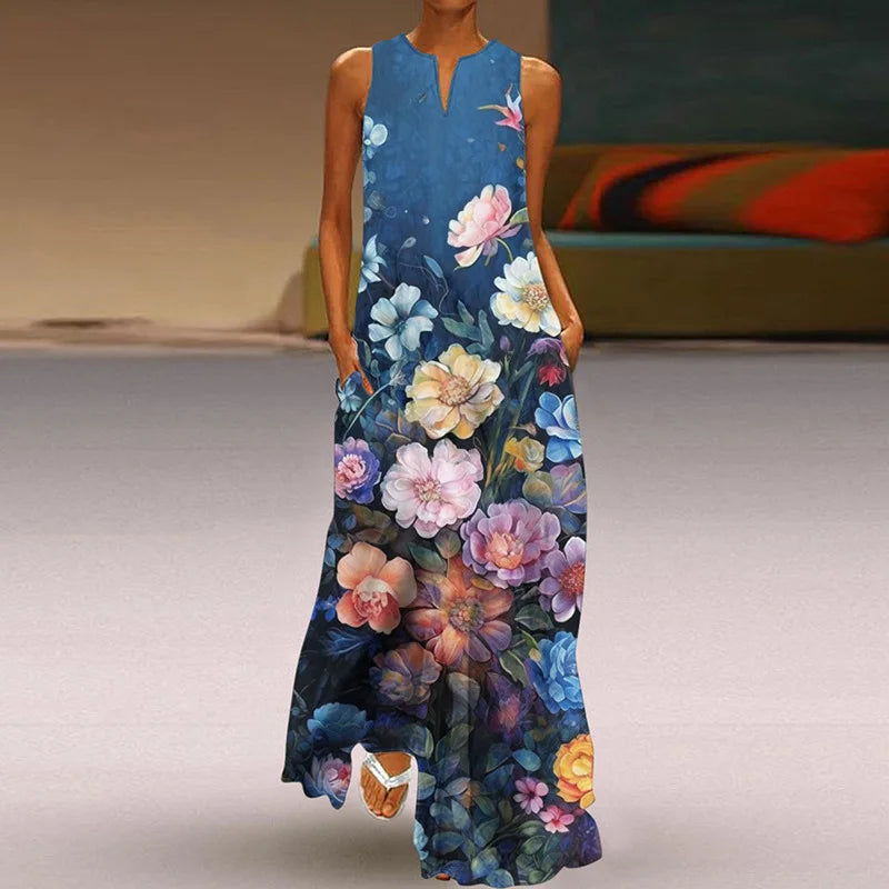 LP | 2025 Estate Nuovo Vintage Fiore Stampato Abiti lunghi Donne Moda Scollo a V Allentato Abito senza maniche Casual Pendolarismo Vestidos Femmina