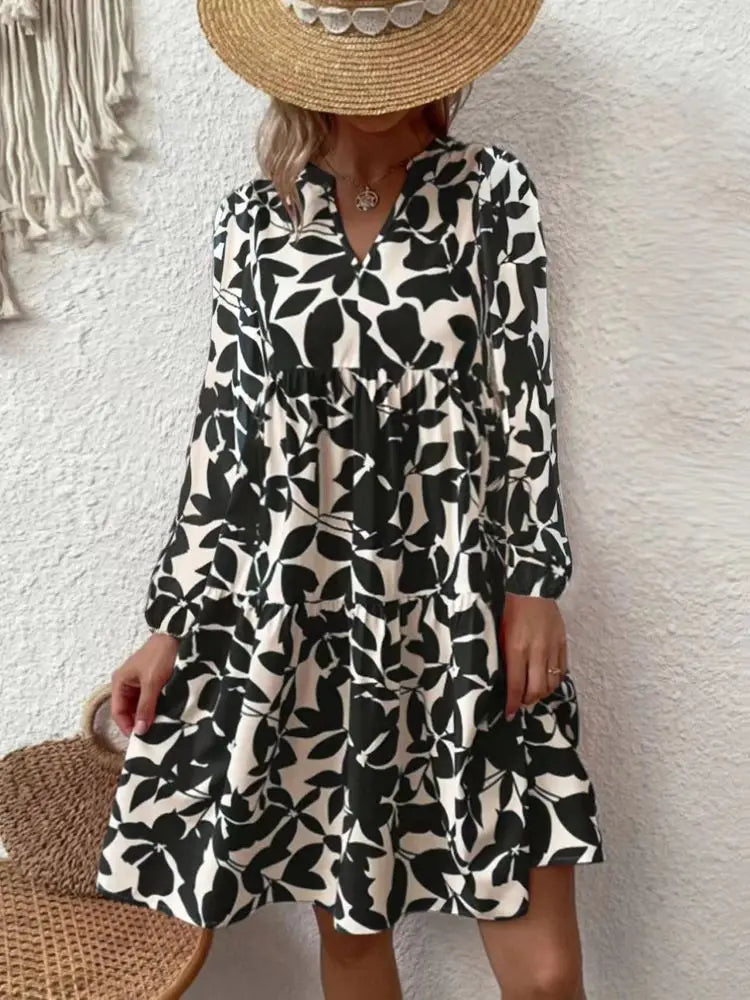 LP | 2024 Donna Estate Elegante Scollo a V Linea Plissettata Sundress Boho Stampa Mini Vestito Casual Allentato Oversize Spiaggia Sundress
