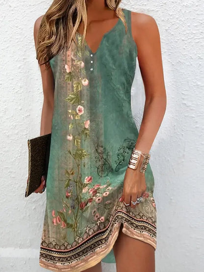 LP | Abiti da donna Estate Moda Cuciture Scollo a V Allentato Bohemien Vacanza Donna Basic Vestidos Senza Maniche