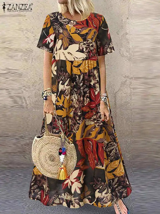 LP | ZANZEA 2023 Vintage Printed Dress Donna Summer Sundress Casual Short Sleeve Maxi Vestidos Female O Neck Floral Robe Femme