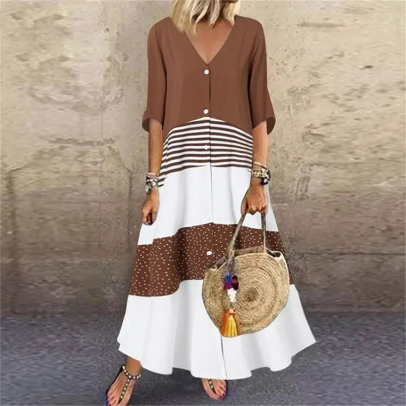 LP | 2025 Primavera Oversize Donna Vestito lungo Stampa Scollo a V Manica corta Pulsante Allentato Abiti A-Line Abbigliamento Donna Casual Elegante