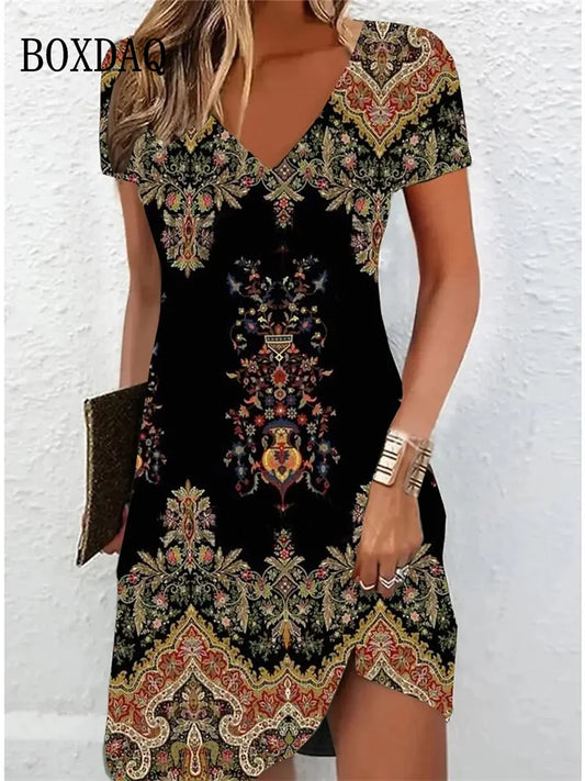 LP | Abiti midi da donna vintage per 2024 Stile etnico Stampa floreale Vestito allentato Plus Size Casual Manica corta Maglione V-Neck Dress