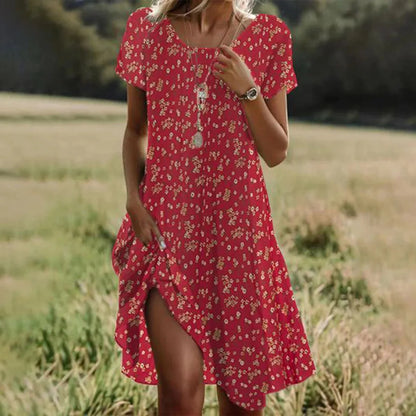 LP | Abiti estivi bohémien per donne Scollo a V Manica corta Stampato a fiori Abito da vacanza in spiaggia Donne Abiti maxi Boho
