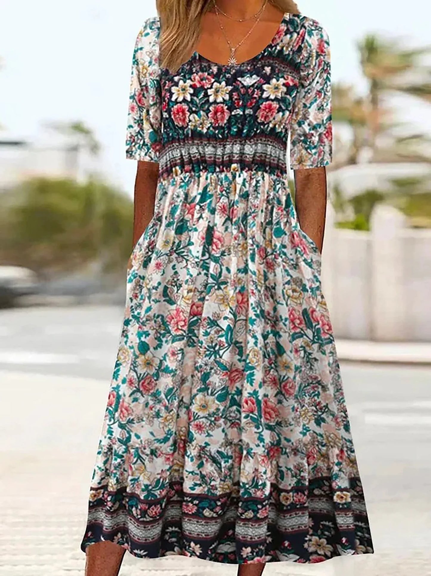 LP | 2025 estate nuove donne bohemia sciolto moda stampa collo rotondo manica corta abito lungo