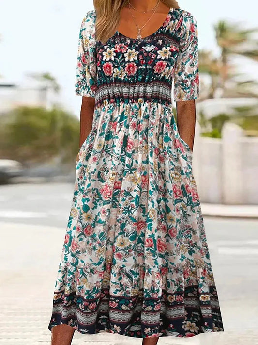 LP | 2025 estate nuove donne bohemia sciolto moda stampa collo rotondo manica corta abito lungo