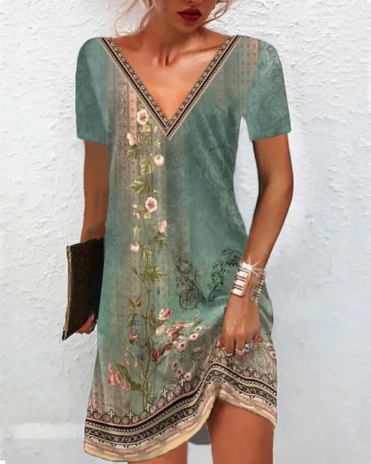 LP | 2024 Abito estivo donna Boho scollo a V manica corta stampa vintage abito floreale donna casual vacanza spiaggia abiti sciolti Vestidos