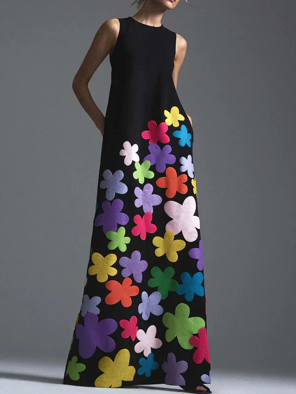 LP | Maxi abito nero con stampa floreale e scollo rotondo
