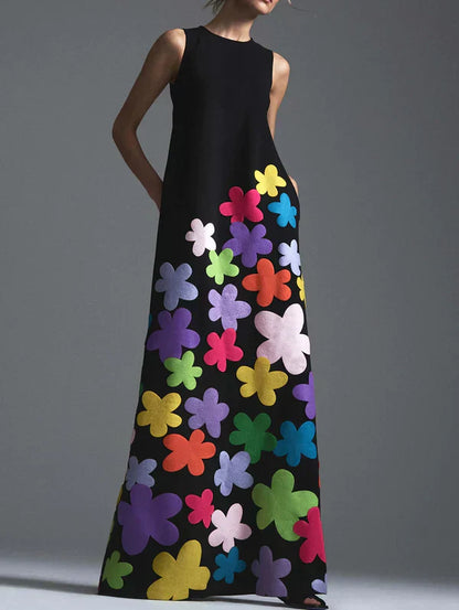 LP | Maxi abito nero con stampa floreale e scollo rotondo
