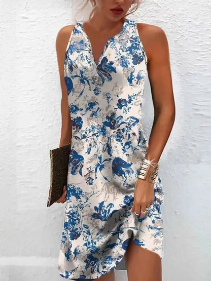 LP | Abiti da donna Estate Moda Cuciture Scollo a V Allentato Bohemien Vacanza Donna Basic Vestidos Senza Maniche