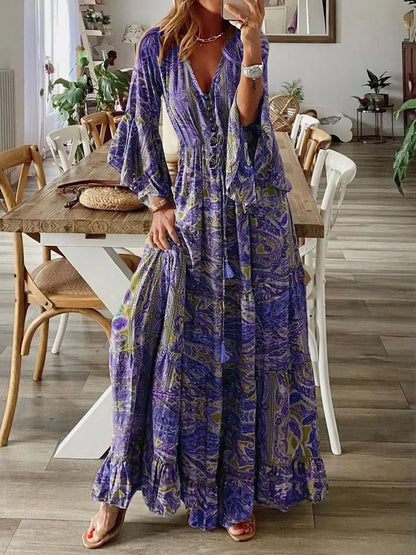 LP | 2023Bordo incrociato stile bohémien maniche svasate stampate scollo a V vita alta abito per le vacanze con abito floreale da donna