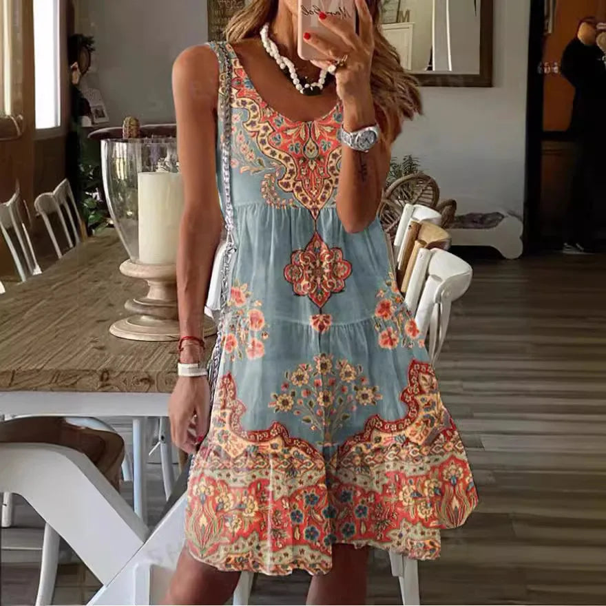 LP | 2024 Nuova estate europea e americana stampata senza maniche con scollo a V abito gilet moda vacanza stampato per le donne