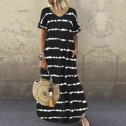 LP | Vestito nuovo estivo Scollo a V Maniche a righe Stampato Vestito lungo Grande Vestito casual