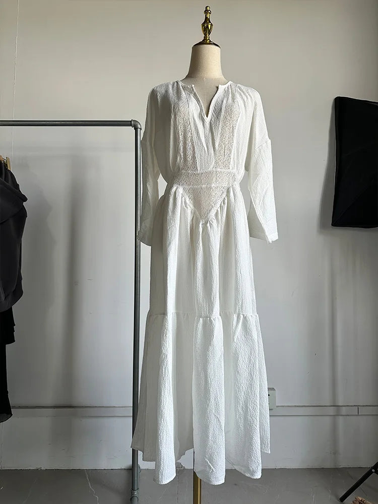 LP | 2025 Nuovo Donne Primavera Solido Allentato Etnico Partito Vestito Casual Manica Lunga Vintage Spiaggia Vestito Sexy V Collo Pizzo Hollow Lungo Abito
