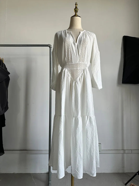 LP | 2025 Nuovo Donne Primavera Solido Allentato Etnico Partito Vestito Casual Manica Lunga Vintage Spiaggia Vestito Sexy V Collo Pizzo Hollow Lungo Abito