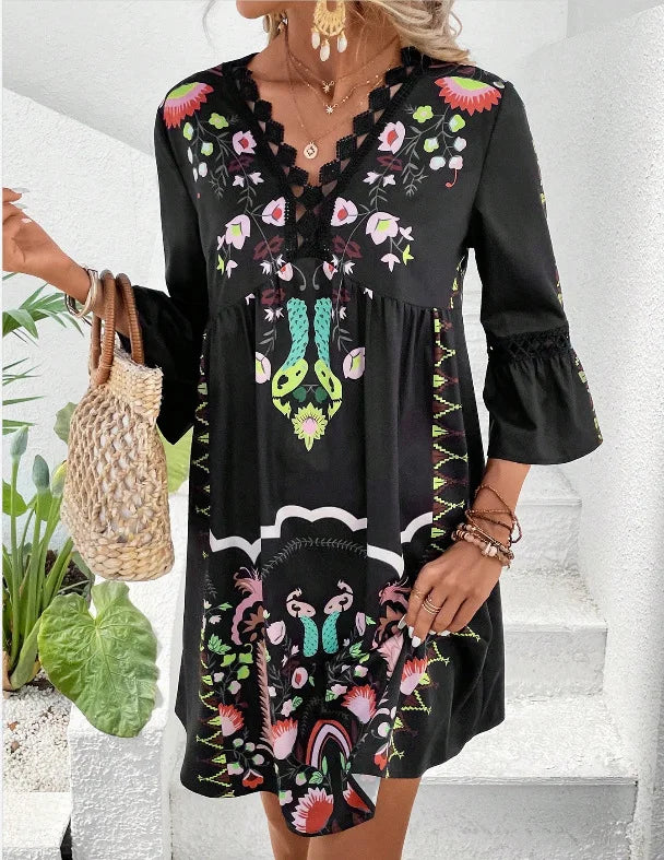 LP | 2025 Ladies Dress Summer Holiday V-Neck Long Sleeve Floral Print Beach Party Dresses Sexy Mini Clothes For Women Vestidos