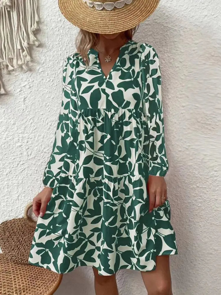 LP | 2024 Donna Estate Elegante Scollo a V Linea Plissettata Sundress Boho Stampa Mini Vestito Casual Allentato Oversize Spiaggia Sundress