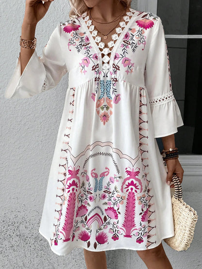 LP | 2025 Ladies Dress Summer Holiday V-Neck Long Sleeve Floral Print Beach Party Dresses Sexy Mini Clothes For Women Vestidos