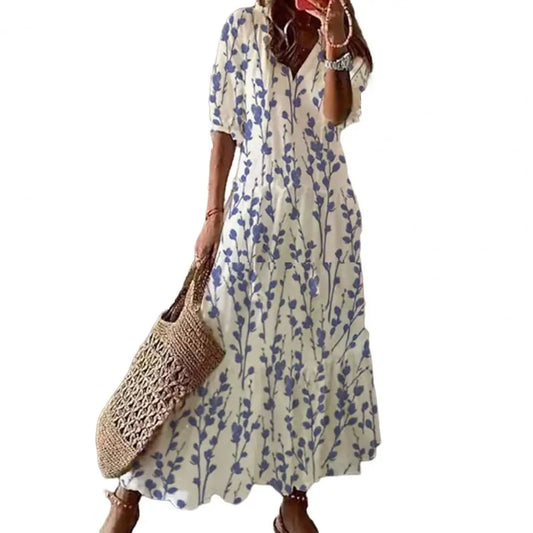 LP | Vestito donna mezza manica stampa floreale A-Line allentato orlo V-collo lungo Tassel Decor Raschel caviglia lunghezza vacanza spiaggia Maxi Dress