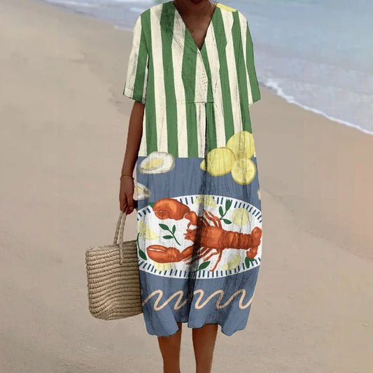 LP | Vestito da donna con stampa a granchio Abito estivo in cotone da cucire Abito in cotone Boho Abiti da vacanza Donna 2024 Abiti da spiaggia Hawaii di lusso