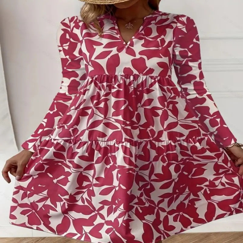 LP | 2024 Donna Estate Elegante Scollo a V Linea Plissettata Sundress Boho Stampa Mini Vestito Casual Allentato Oversize Spiaggia Sundress