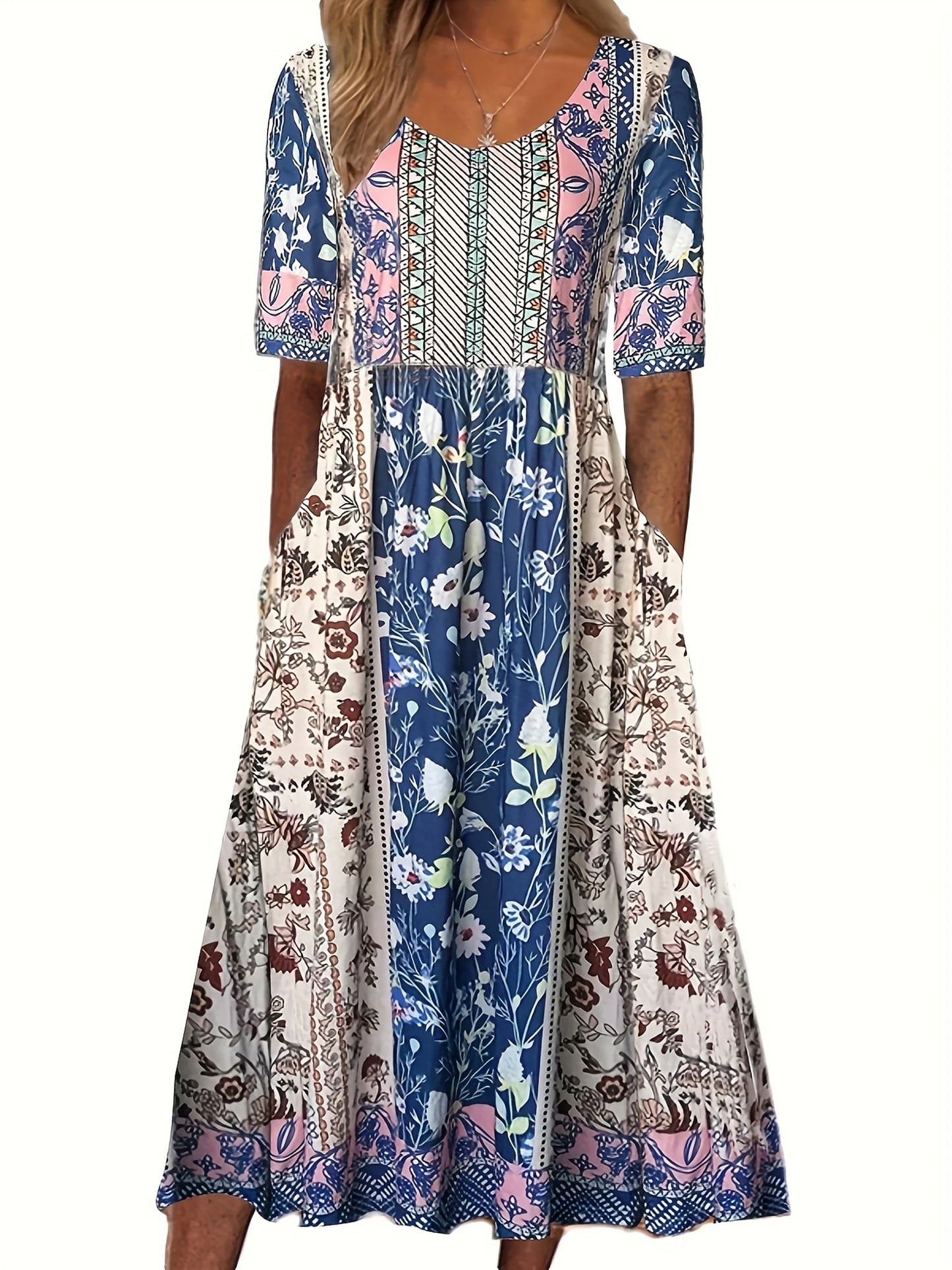 LP | 2025 estate nuove donne bohemia sciolto moda stampa collo rotondo manica corta abito lungo