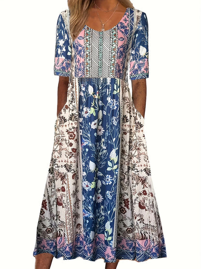 LP | 2025 estate nuove donne bohemia sciolto moda stampa collo rotondo manica corta abito lungo