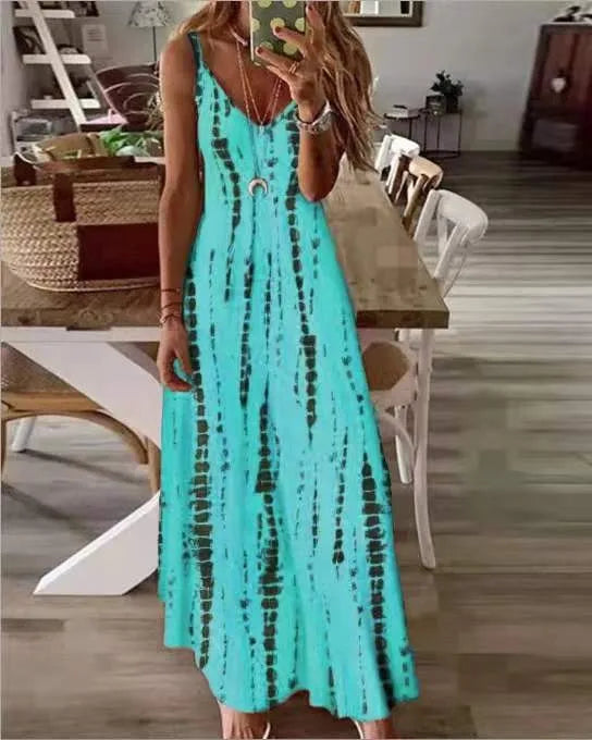 LP | Abiti Maxi Spaghetti Strap Stampati Casual per Donne Scollo a V Backless A-Line Abito Lungo Moda Stile Bohemien Spiaggia Vestidos