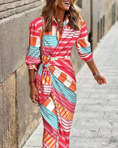 LP | 2024 AliExpress Europeo e americano transfrontaliero nuova moda stampata camicia collare pizzo fino midi abito a righe