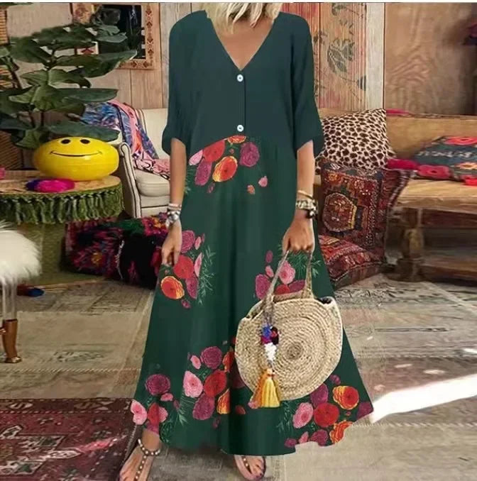 LP | 2025 Primavera Oversize Donna Vestito lungo Stampa Scollo a V Manica corta Pulsante Allentato Abiti A-Line Abbigliamento Donna Casual Elegante