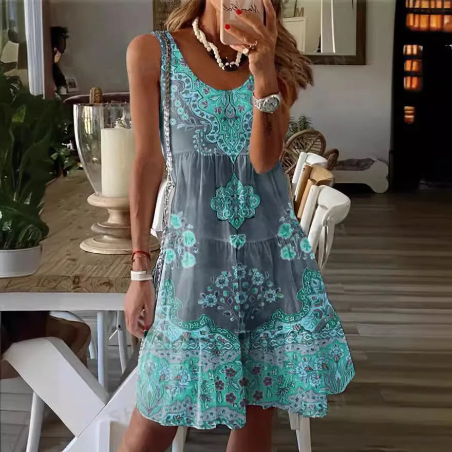LP | 2024 Nuova estate europea e americana stampata senza maniche con scollo a V abito gilet moda vacanza stampato per le donne