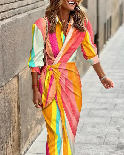 LP | 2024 AliExpress Europeo e americano transfrontaliero nuova moda stampata camicia collare pizzo fino midi abito a righe