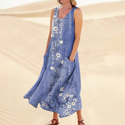 LP | Abiti estivi casual retrò da donna Coprispalle da spiaggia con tasche Plus Size Cotone sciolto Lino T-shirt Abito lungo da spiaggia