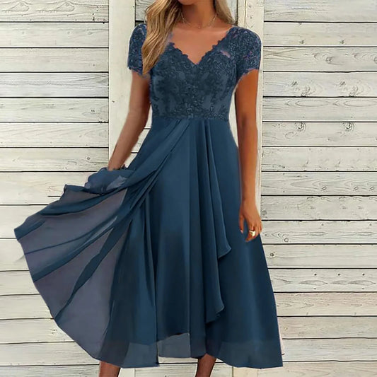 LP | Vestidos Largos Abiti da donna Elegante abito in pizzo chiffon Flowy Abito da festa serale Collo a V Abito in pizzo chiffon a maniche corte
