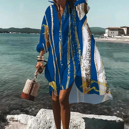 LP | Vestito d'autunno 2024 Nuova moda per il tempo libero Grace stampato risvolto manica lunga Partito allentato spiaggia donne camicia abiti MsChuh