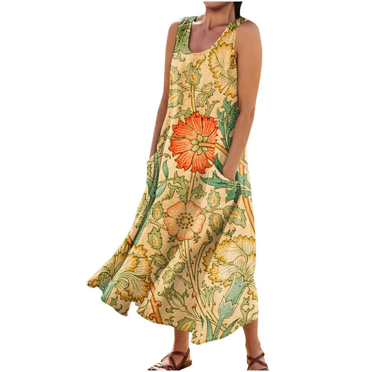 LP | Vestito floreale estivo Donne Vintage senza maniche floreale Stampato Lungo Vestito Cotone Lino Sundress Baggy Spiaggia Vestido Sarafans