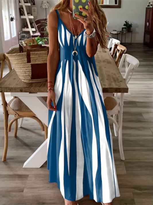 LP | Vestito sexy senza maniche Donna Nero Bianco a righe stampato Abiti lunghi Estate Casual Holiday Party Abito Accappatoio