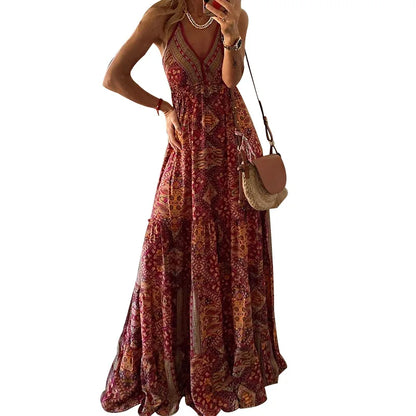 LP | BAMBOOBOY Donne Scollo a V Partito Abiti lunghi Vintage Stampato Bohemien Spiaggia Elegante Senza Maniche Spaghetti Strap Sexy Maxi Sundress