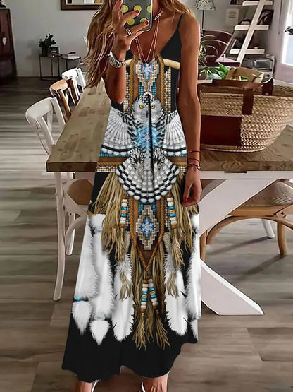 LP | 2024 Nuovo 3D Gufo Stampa Vintage Gilet senza maniche Lungo Donne Modello Tribale Spaghetti Strap Vestito Estate Lungo Gilet Allentato Abiti