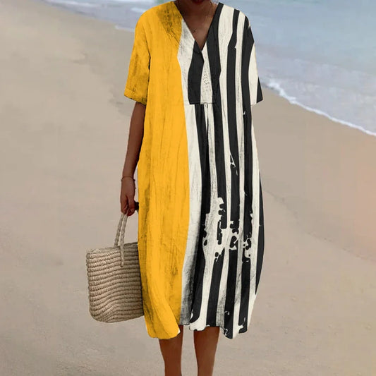 LP | Vestito di lino stampato con motivo asimmetrico Giallo Maxi Baggy Dress Marchio di lusso Progettista Vintage Collo a V Linea elegante Abiti da spiaggia