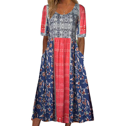 LP | 2025 estate nuove donne bohemia sciolto moda stampa collo rotondo manica corta abito lungo