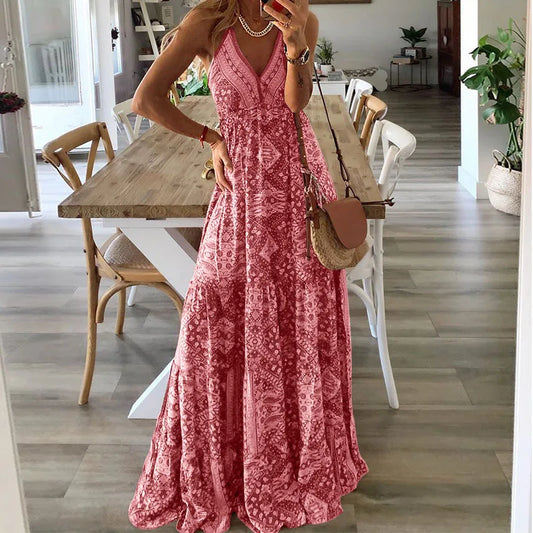 LP | BAMBOOBOY Donne Scollo a V Partito Abiti lunghi Vintage Stampato Bohemien Spiaggia Elegante Senza Maniche Spaghetti Strap Sexy Maxi Sundress