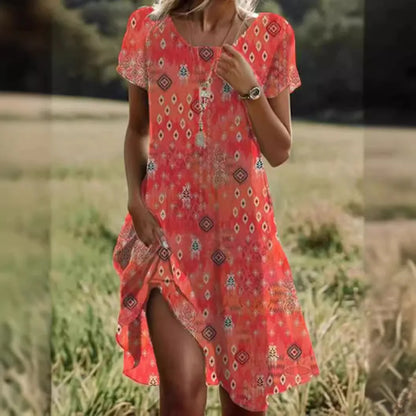 LP | Abiti estivi bohémien per donne Scollo a V Manica corta Stampato a fiori Abito da vacanza in spiaggia Donne Abiti maxi Boho