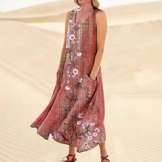 LP | Abiti estivi casual retrò da donna Coprispalle da spiaggia con tasche Plus Size Cotone sciolto Lino T-shirt Abito lungo da spiaggia